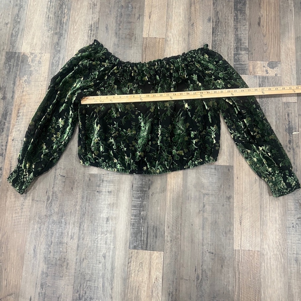Anthropologie Green Floral Burnout Velvet Off Shoulder Blouse Devore Romantic XL - Picture 3 of 4